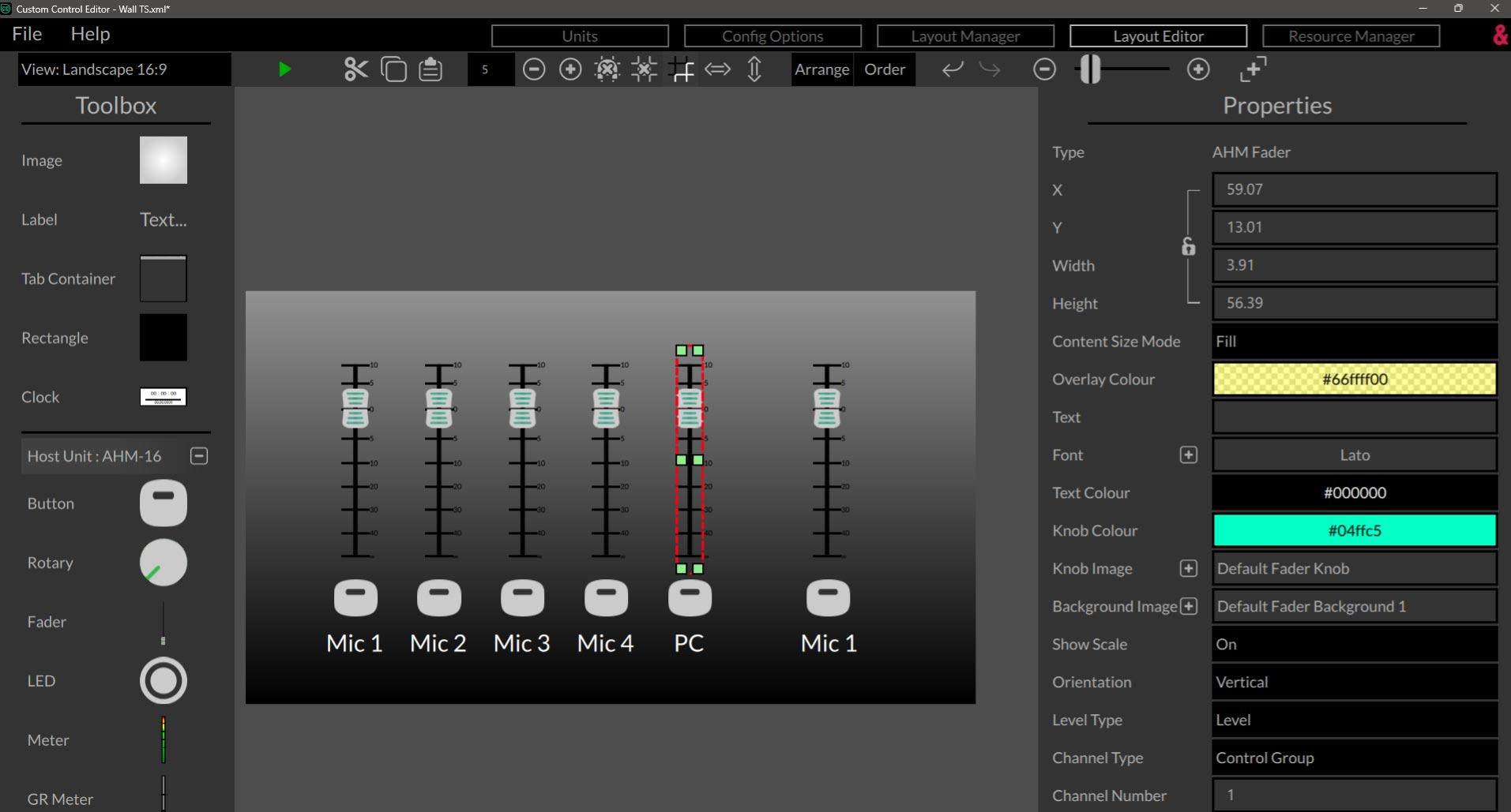 Custom control editor interface displaying audio faders and configuration settings